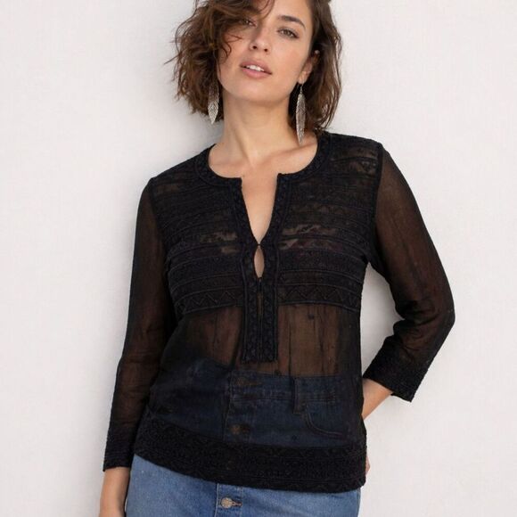 Anthropologie Tops - Love Sam Black Sheer Embroidered Blouse Deep V-Neck Boho Romantic Whimsigoth S